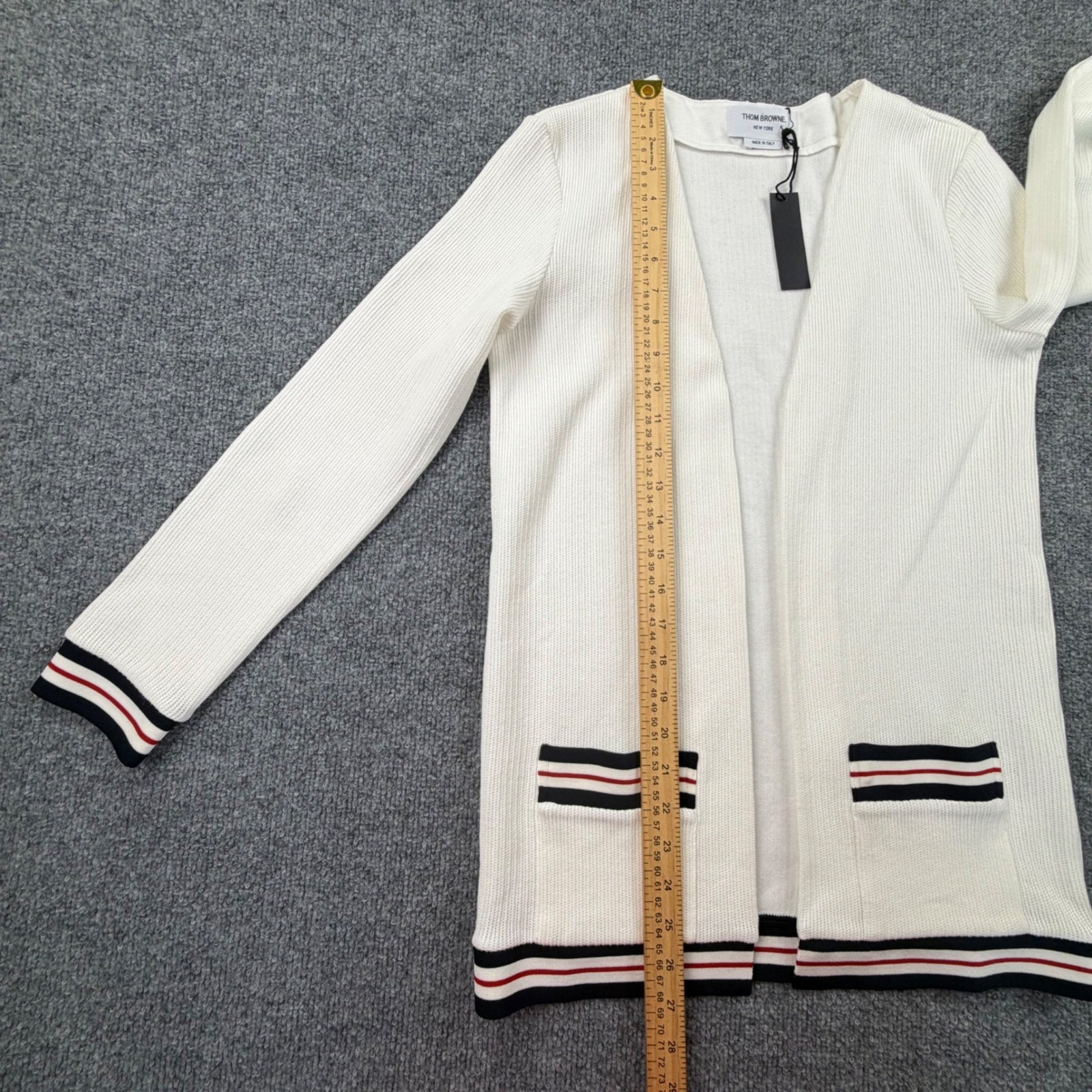 Thom Browne White Cotton Open Front Tricolor Stripe Cardigan Fjt265a Size 38 Nwt — image 4 of 8
